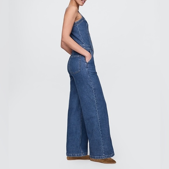 Gap Denim Jumpsuit Dark Indigo Wash Square‎ Neck Tank Button Front - Picture 4 of 14